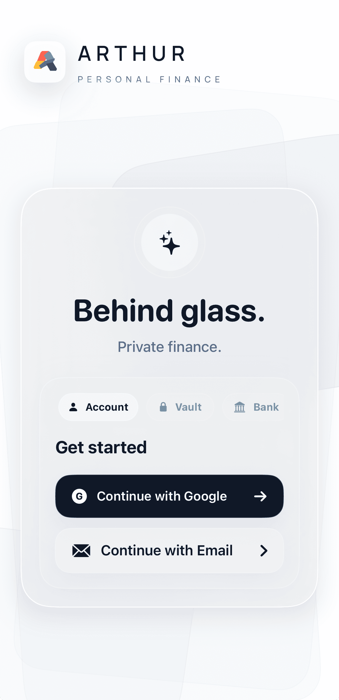 Arthur Personal Finance coming soon screen showing the minimalist glass sign in experience.